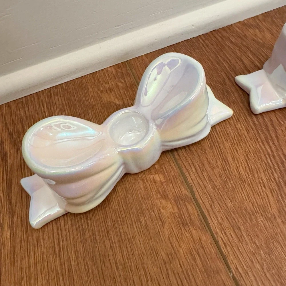 Ceramic Iridescent Bow Taper Candle Holders‎ - Set of 2 New! Holiday Decor Girly